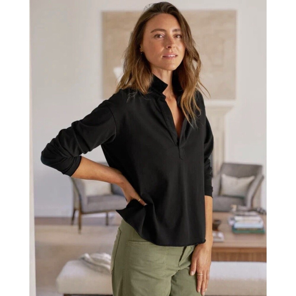Women’s Frank & Eileen Patrick Popover Henley Shirt Large Black Collared V-Neck